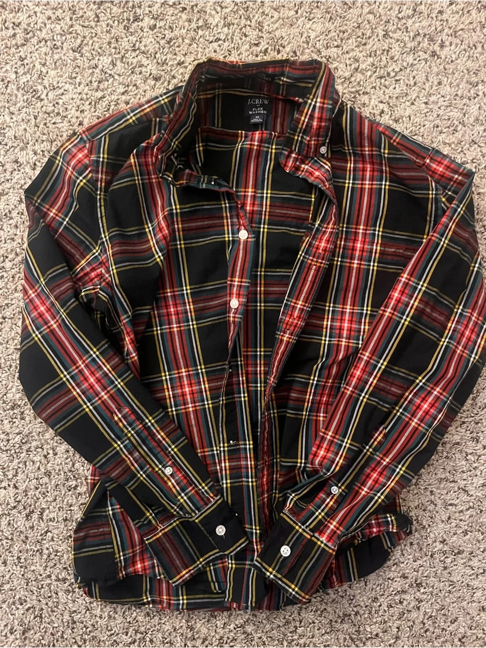 J. Crew Black Plaid Button-Down Shirt with Red and Yellow Accents